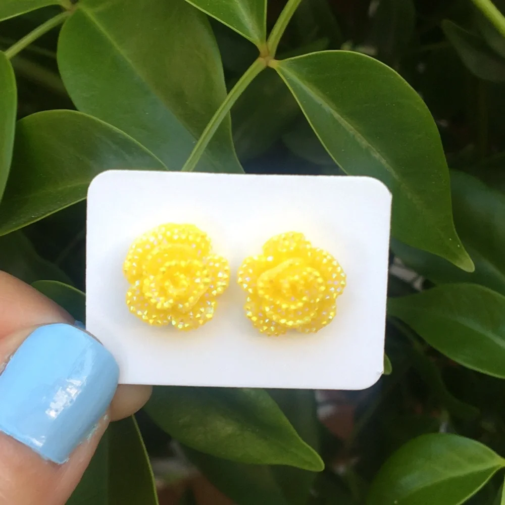 Iridescent Yellow Rose Flower Stud Earrings